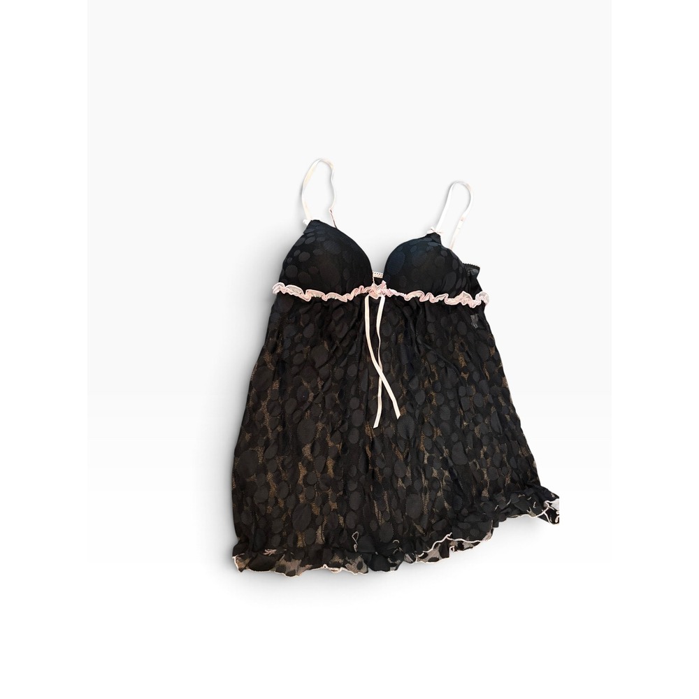 Linea Donatella Babydoll Chemise XL Black Pink Lace Ruffle Coquette Nightgown